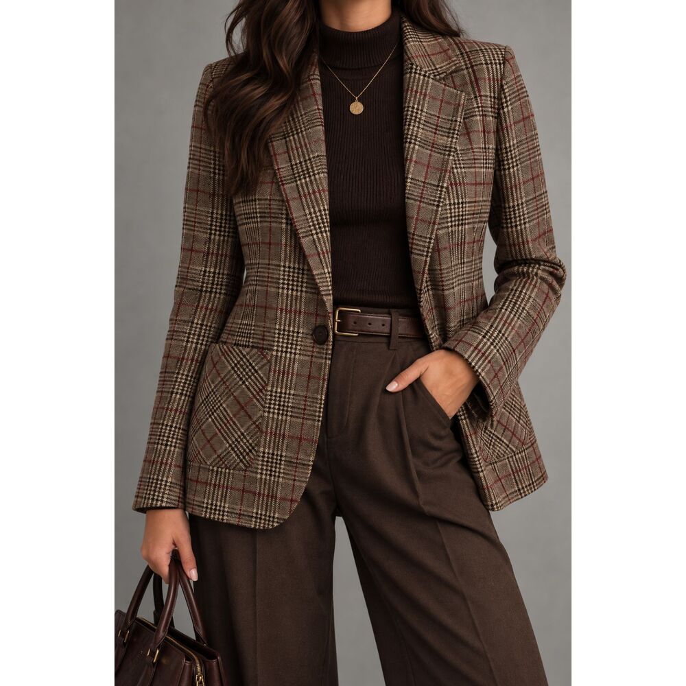Altar'd State Plaid Wool Blend Blazer Women's L Brown Dark Academia Preppy